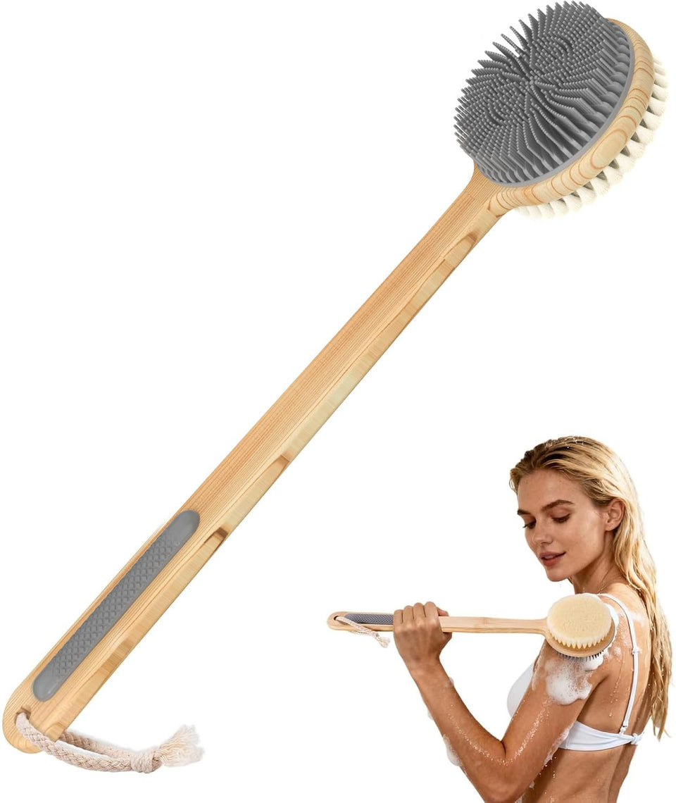 VWMYQ full brush front view showing dual-sided head and bamboo handle benefit reach