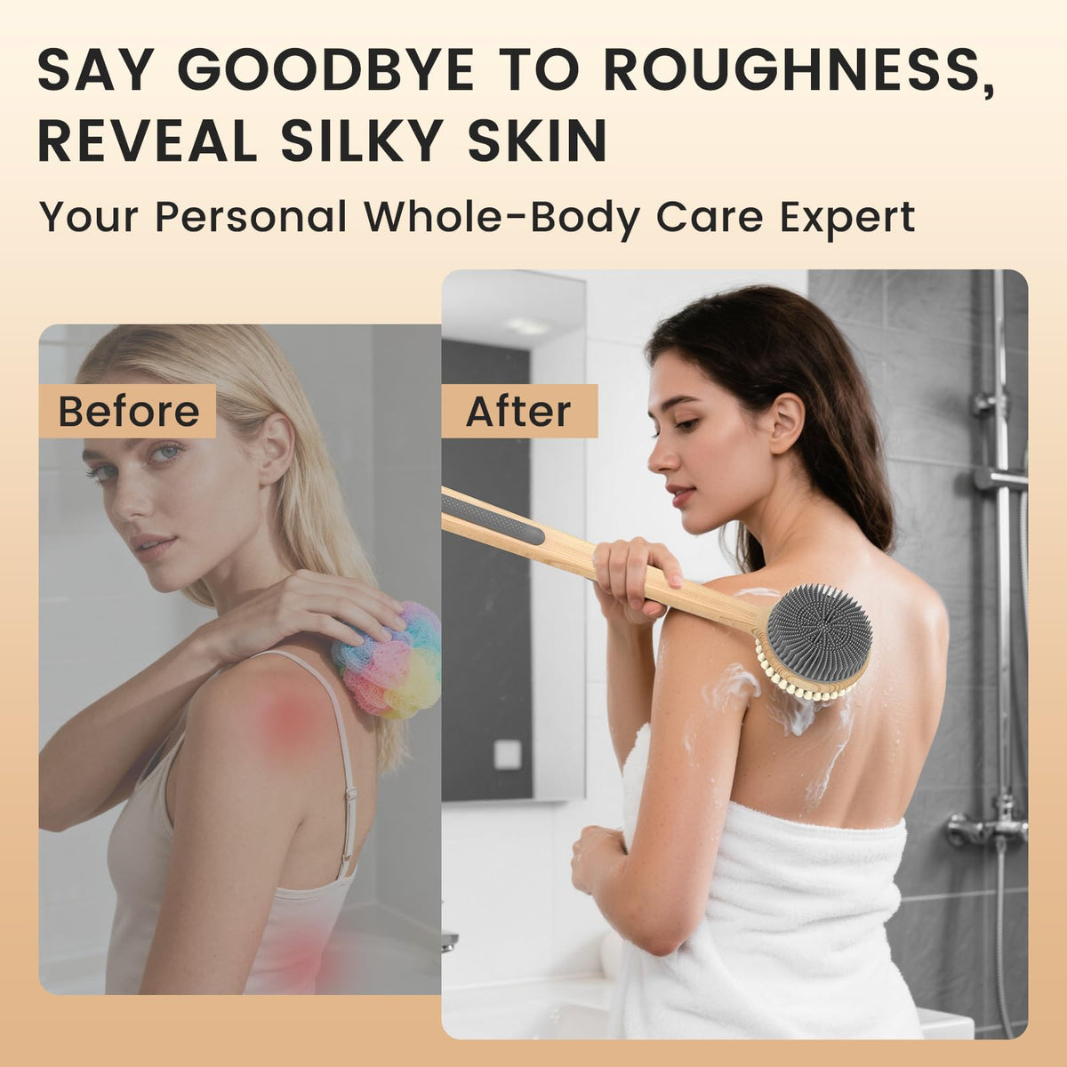 VWMYQ brush in use in shower rinsing away dead skin for smoother skin benefit