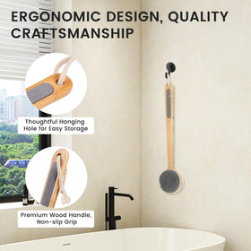 VWMYQ brush next to hand showing 17-inch bamboo handle for extended reach benefit