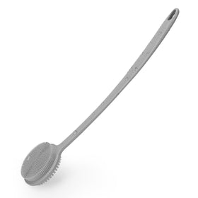 VWMYQ front view of silicone back scrubber showing double-sided head and handle benefits