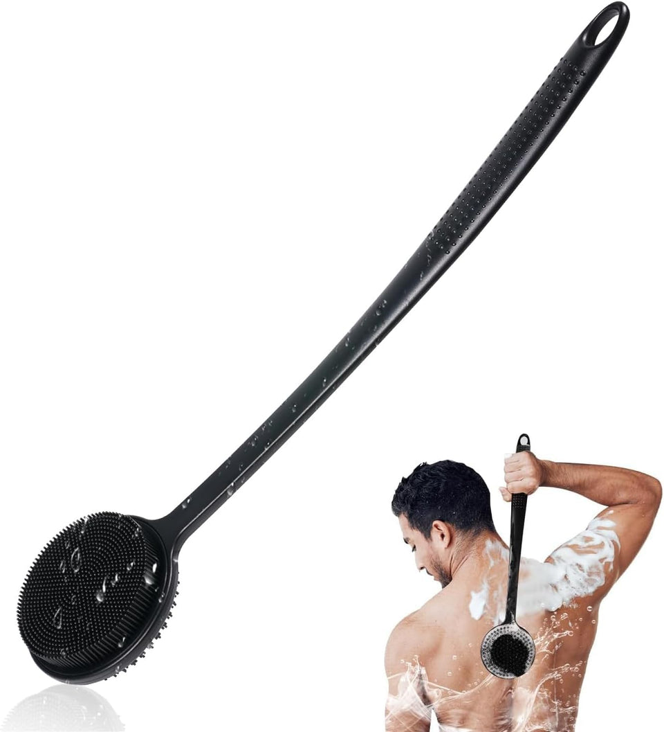 VWMYQ front view of silicone back scrubber showing design and benefits