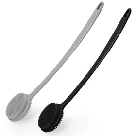 VWMYQ front view of silicone back scrubber showing dual-sided head and handle benefits