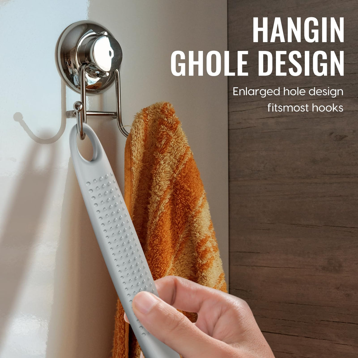 VWMYQ non-slip handle detail and hanging hole for secure grip and quick drying