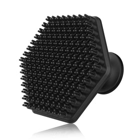 VWMYQ silicone face scrubber front view showing sleek black design and benefits of gentle cleansing