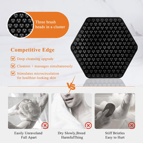 VWMYQ scrubber next to hand for scale demonstrating compact size and travel-friendly benefit