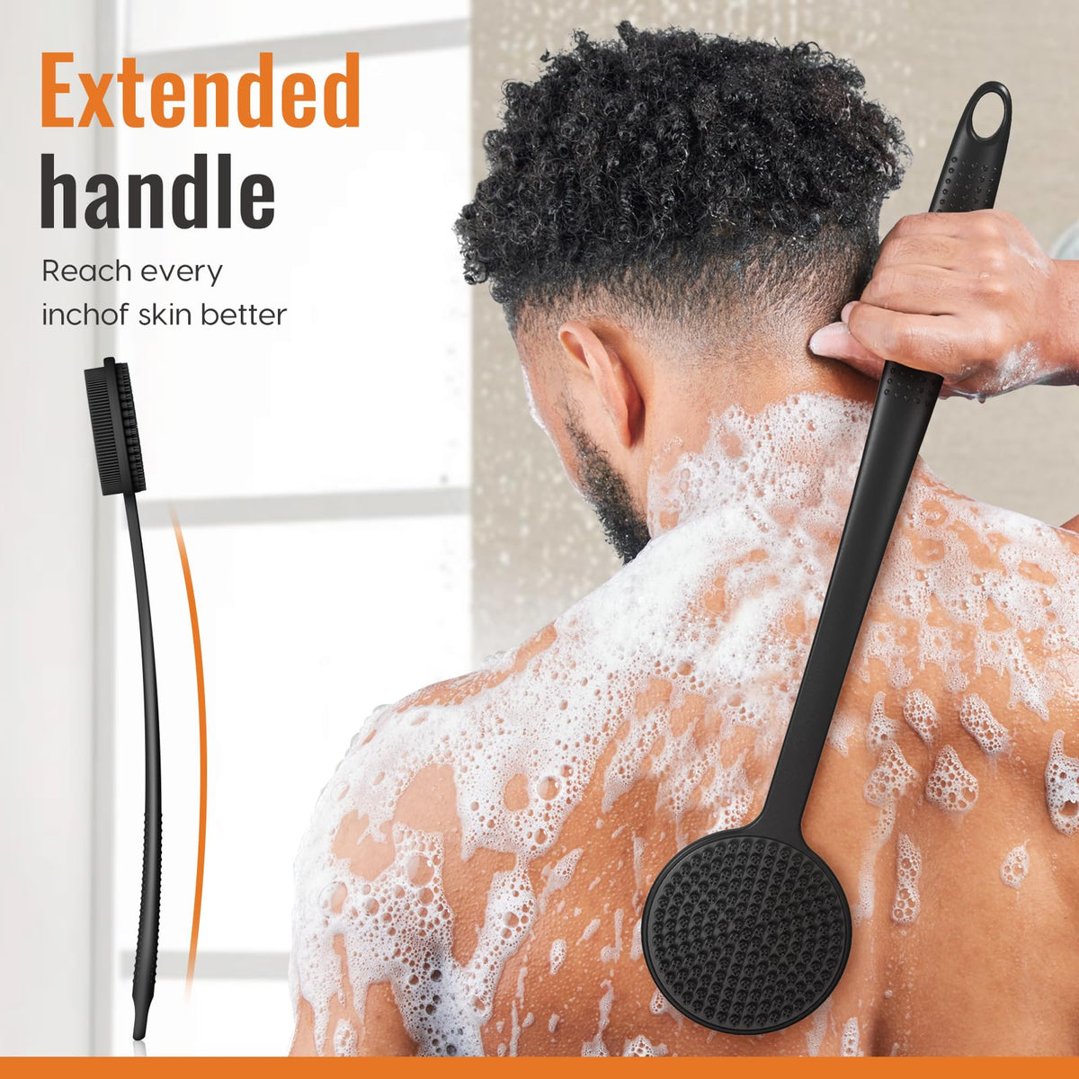 VWMYQ scrubber next to hand illustrating 17 inch reach and coverage