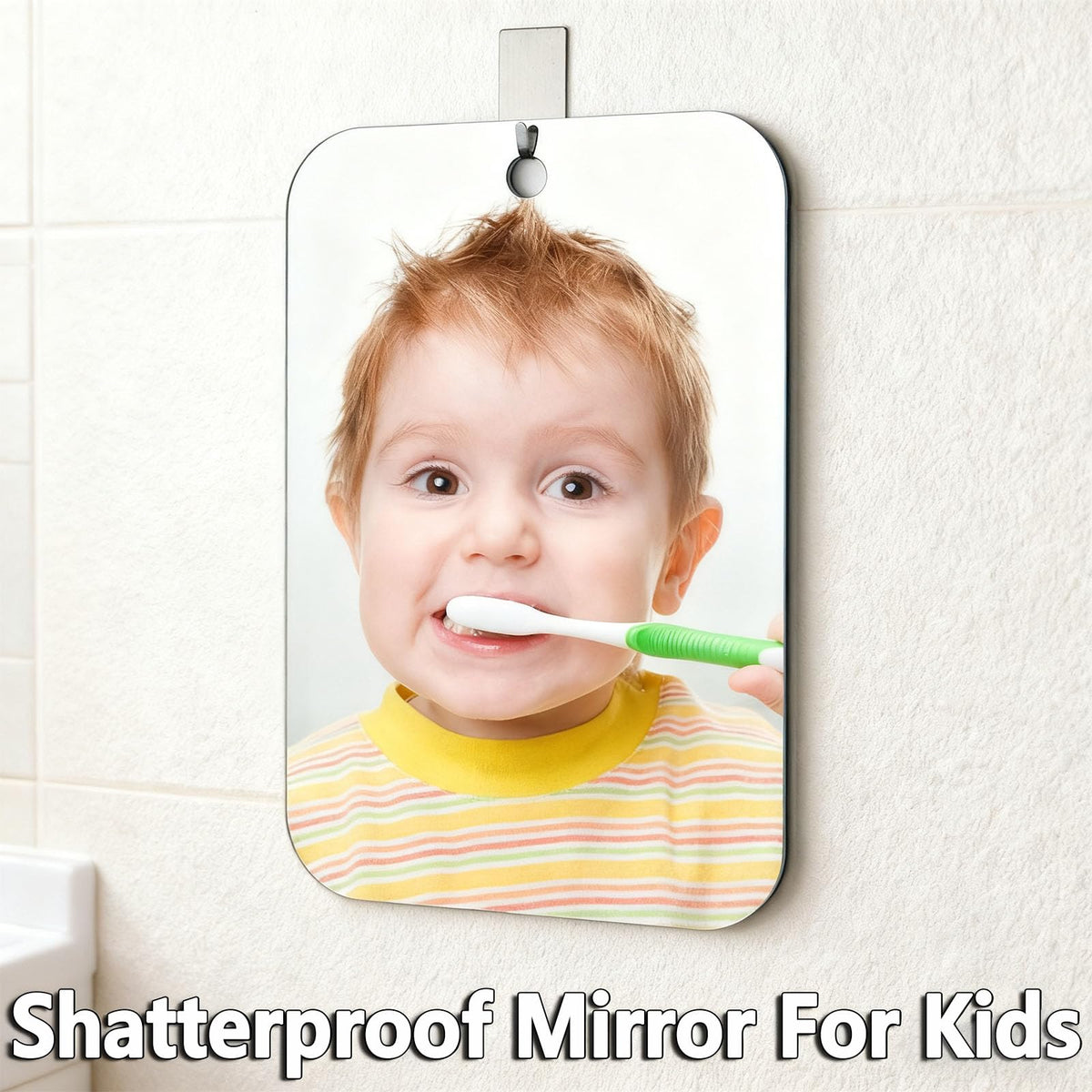 vxkzf mirror next to toothbrush showing 11x8 inch scale for practical sizing