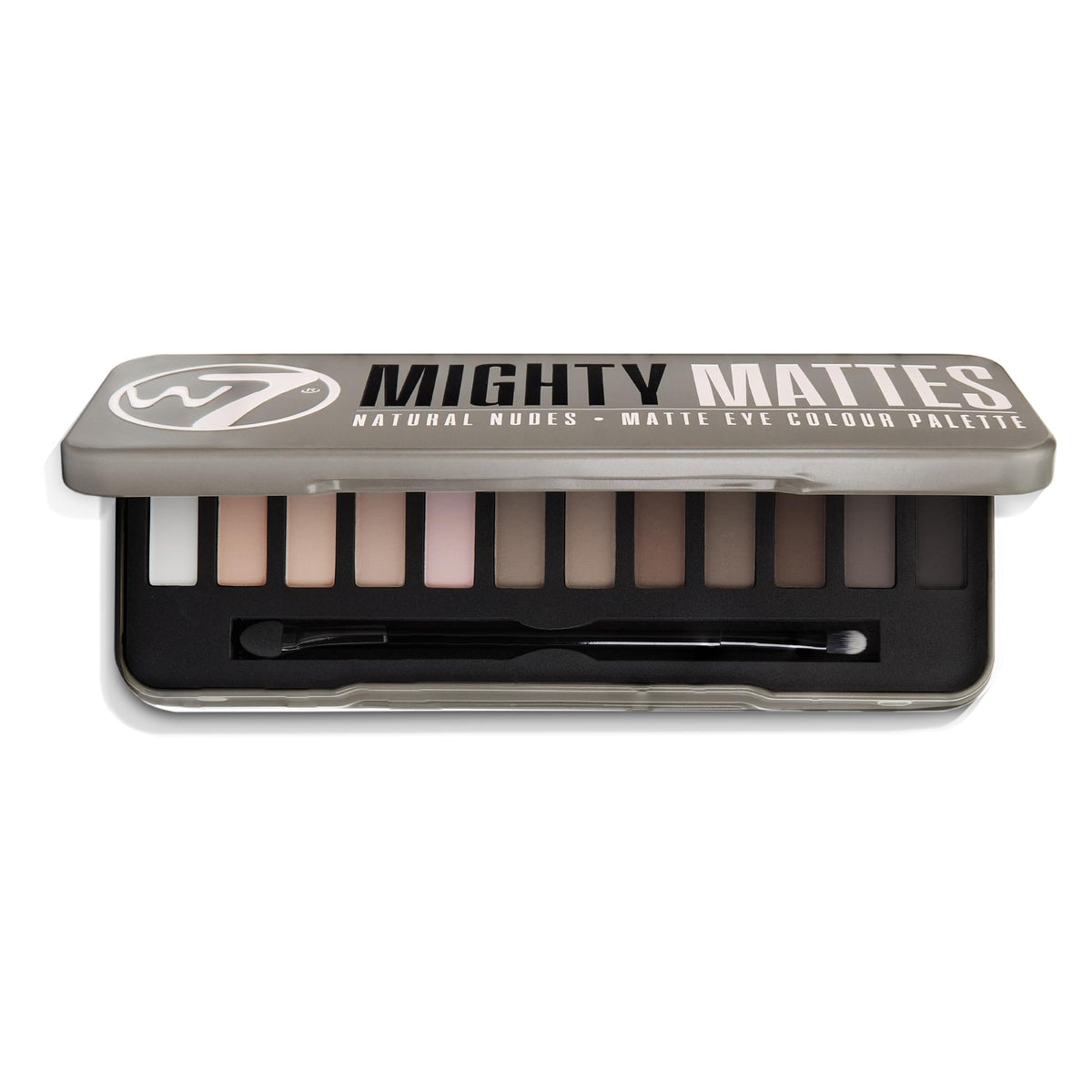 W7 open palette top view showing 12 matte nude shades for versatile looks