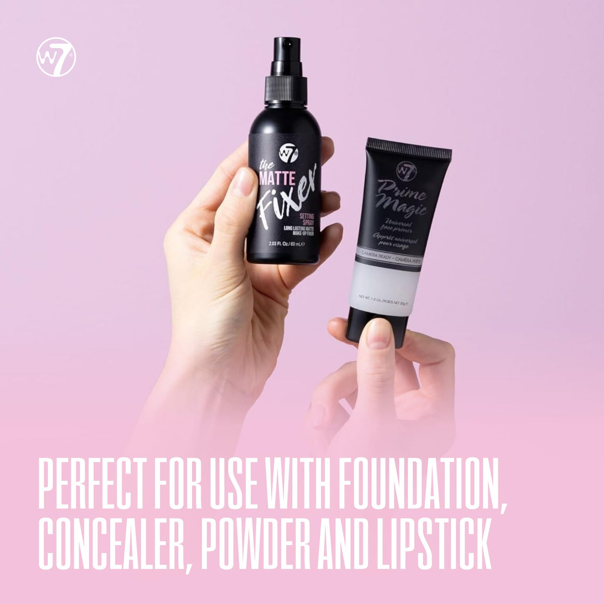 W7 setting spray mist in use demonstrating shine control and hold
