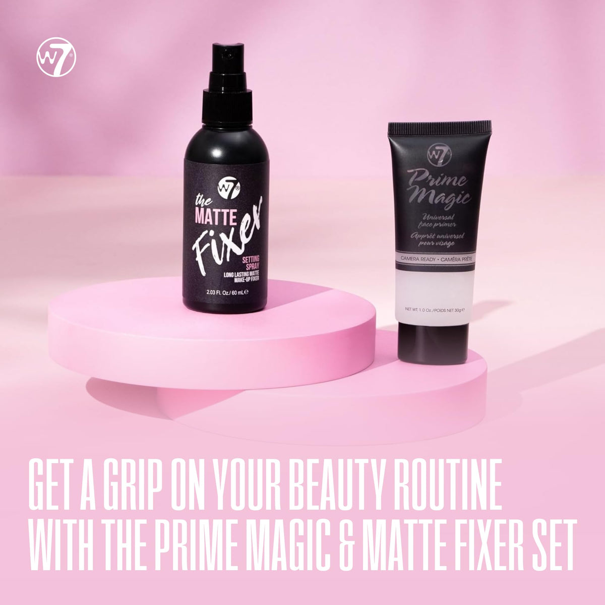W7 The Fixer Matte bottle close-up highlighting quick-dry spray benefit