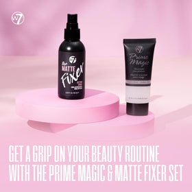 W7 The Fixer Matte bottle close-up highlighting quick-dry spray benefit