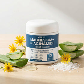 WAESKI cream on bedside table for nighttime routine and calming ease