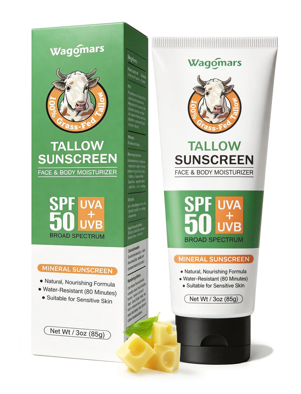 Wagomars front tube showing packaging and SPF 50 protection benefit