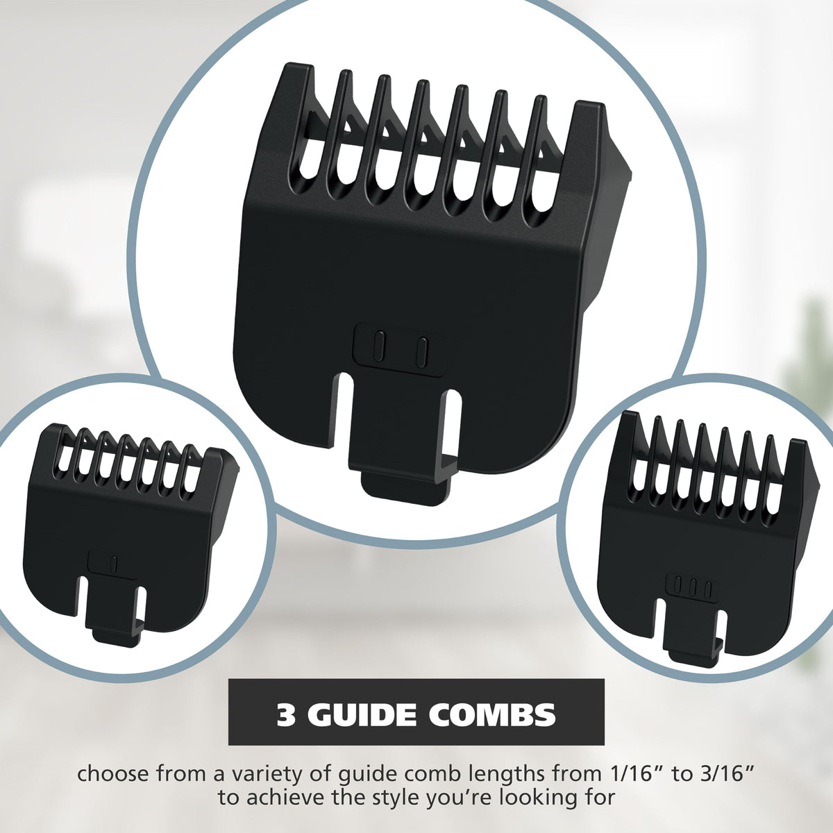 Wahl blade with guide combs displayed to show adjustable cutting lengths
