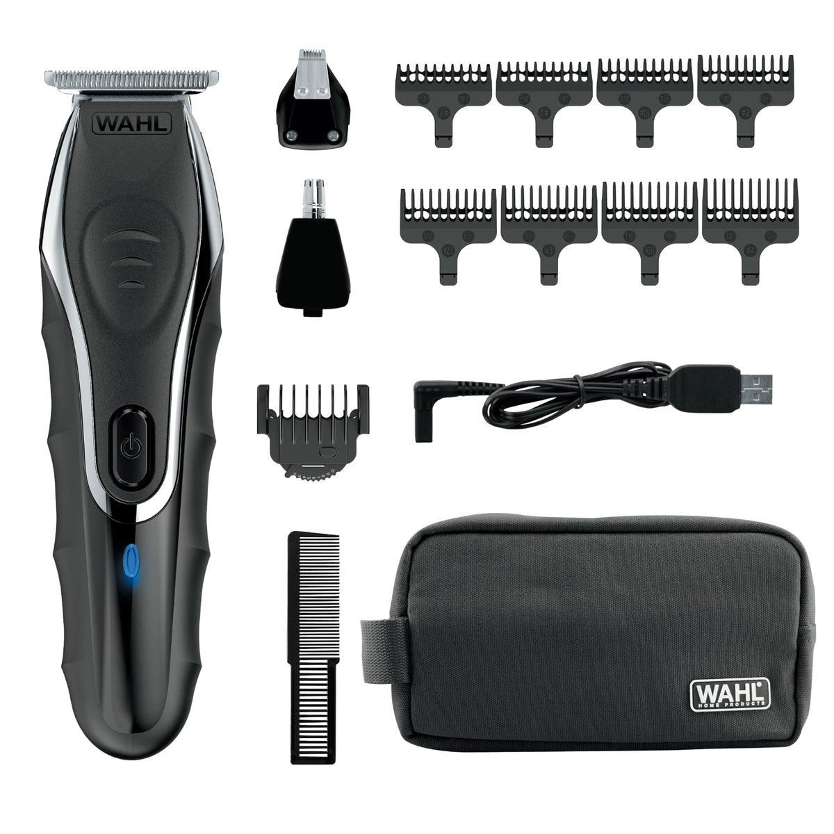 Wahl trimmer front view showing controls and ergonomic grip for comfortable handling