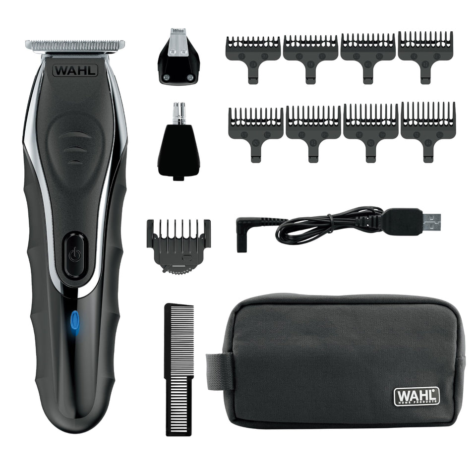 Wahl trimmer front view showing controls and ergonomic grip for comfortable handling