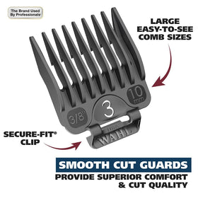 Wahl Chrome Pro attachment guards laid out for clear guide length selection