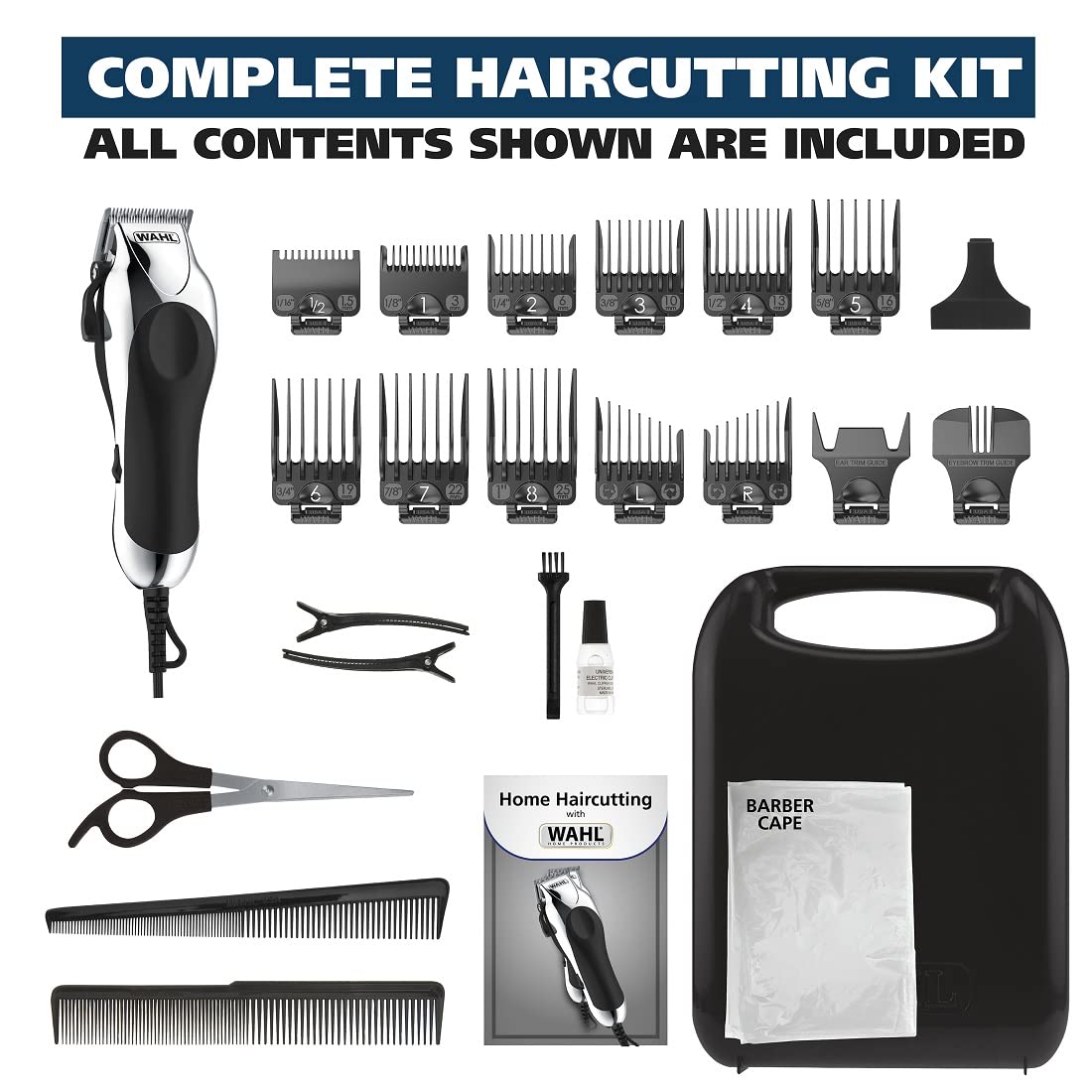 Wahl Chrome Pro packaging and accessories displaying included guards and oil