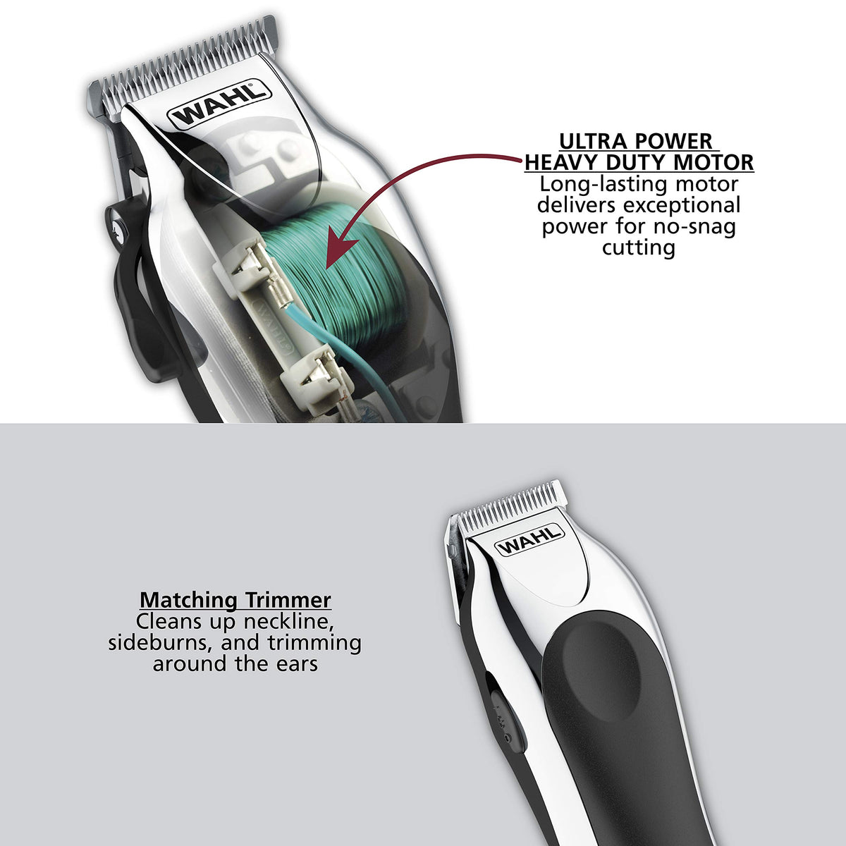 Wahl Chrome Pro matching trimmer detail focused on t-blade for sharp edging