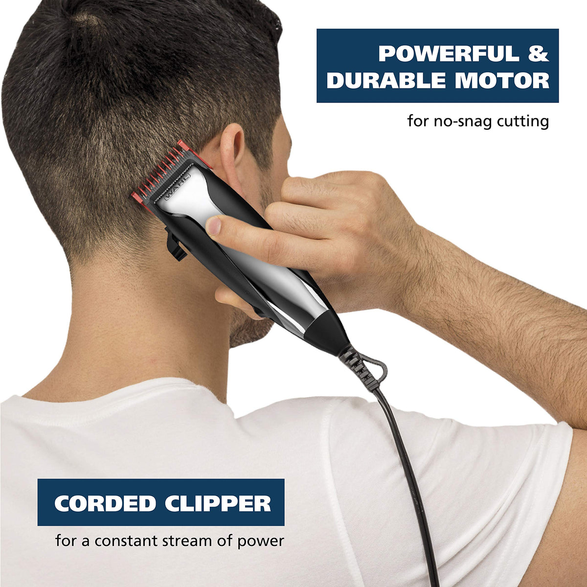 Wahl clipper in use trimming hair demonstrating smooth, no-snag cutting control