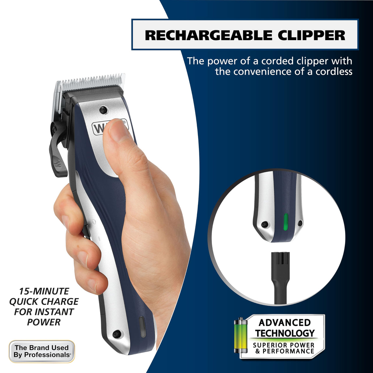 Wahl clipper with all 12 snap-n-lock guards displayed offering varied cutting lengths