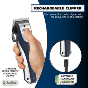 Wahl clipper with all 12 snap-n-lock guards displayed offering varied cutting lengths