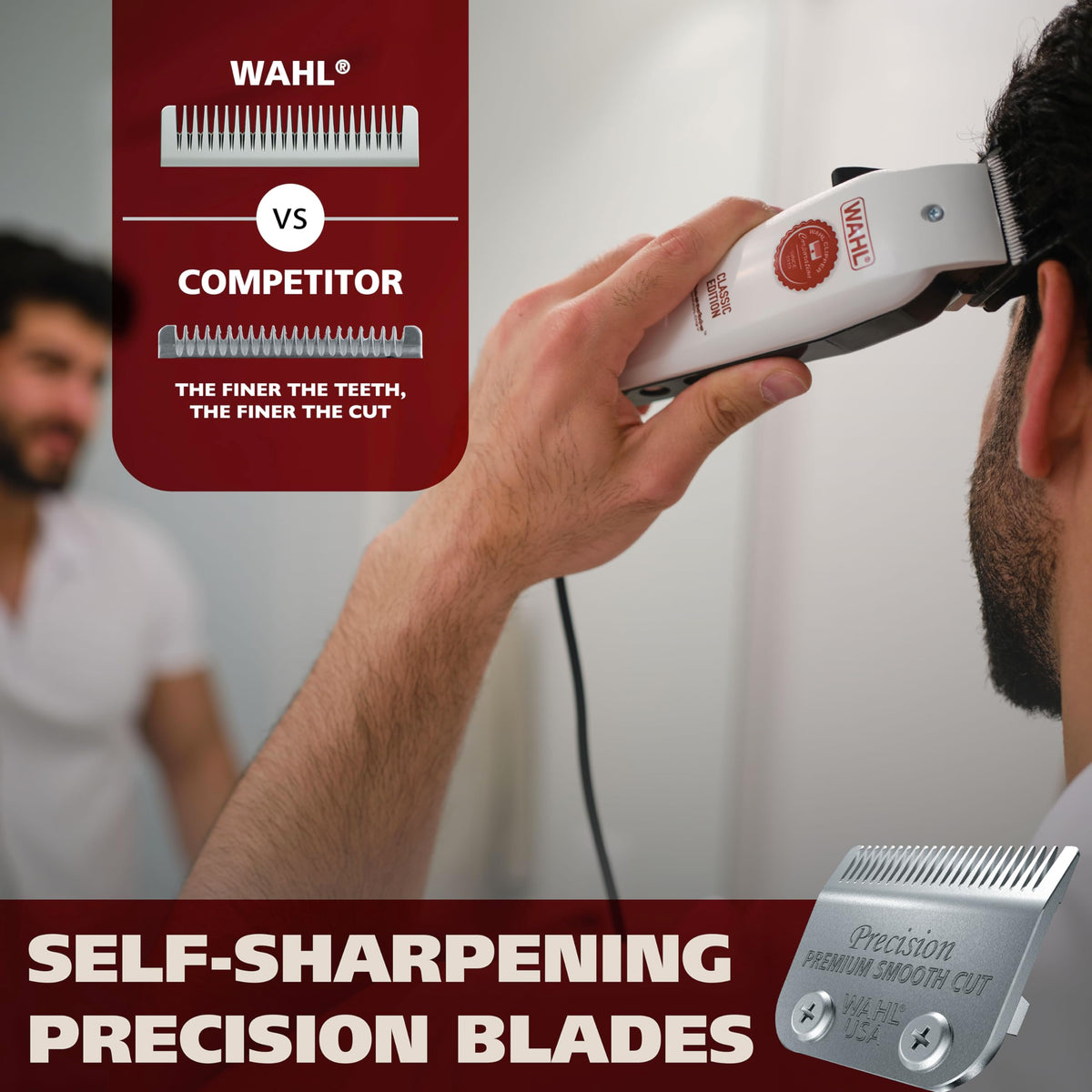 Wahl clipper with eight secure-fit guards arranged, demonstrating selectable cutting lengths