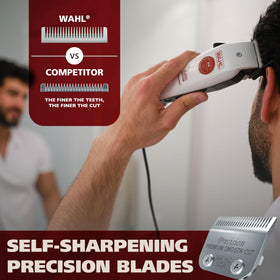 Wahl clipper with eight secure-fit guards arranged, demonstrating selectable cutting lengths