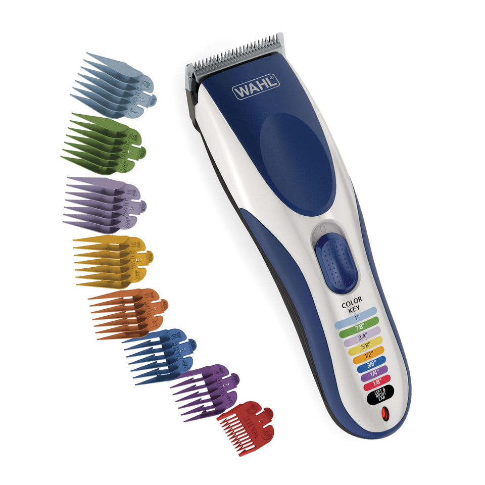 Wahl clipper front view showing color guide and controls for quick comb selection