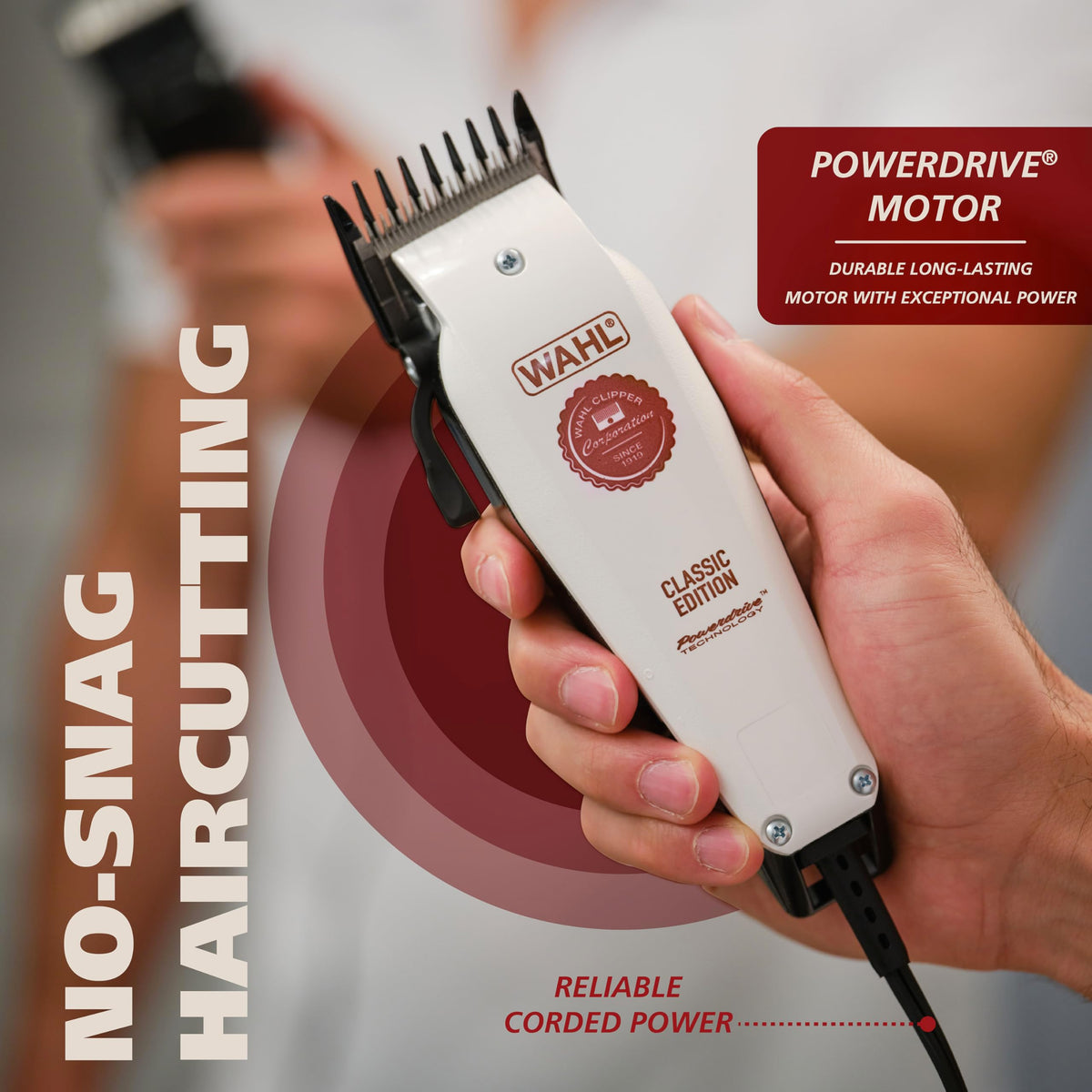 Wahl corded clippers in use on a client, showing consistent power and no-snag cutting