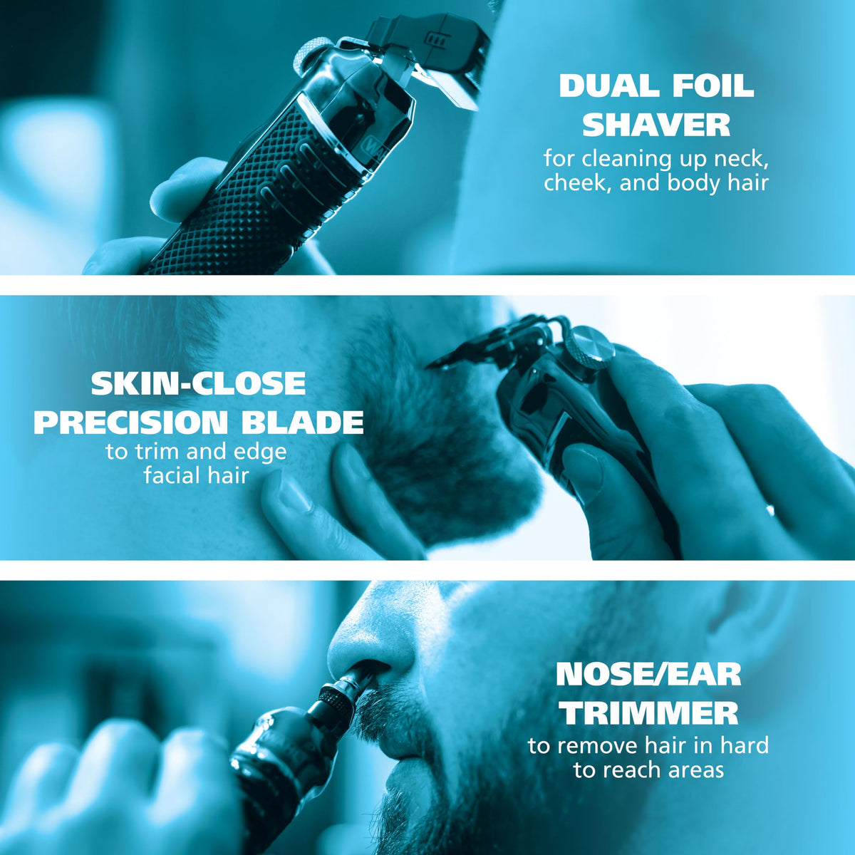 Wahl dual foil shaver head shown for close face and neck finish