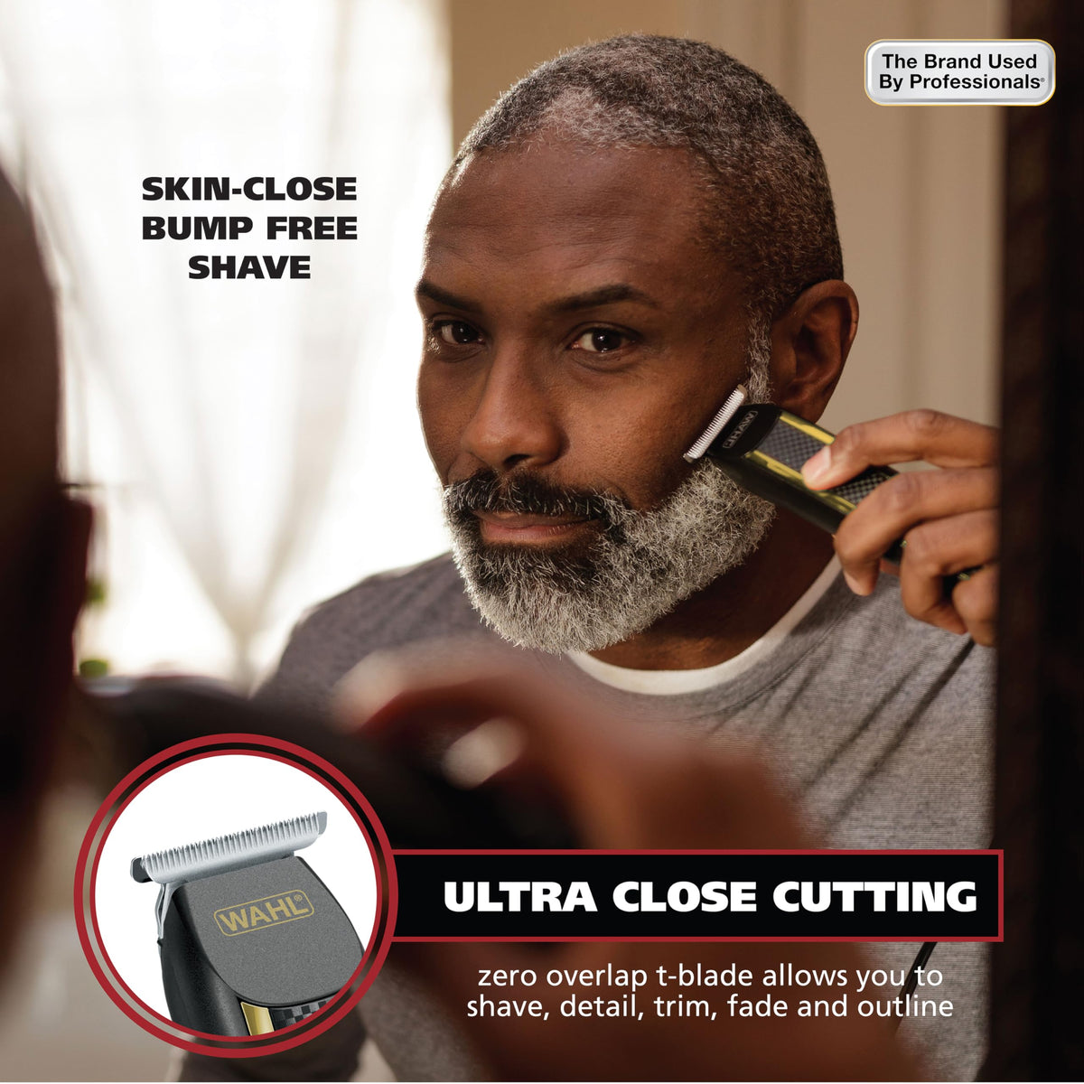 Wahl Edge Pro T-blade close-up revealing 0.2 mm precision edge for crisp, bump-free lines