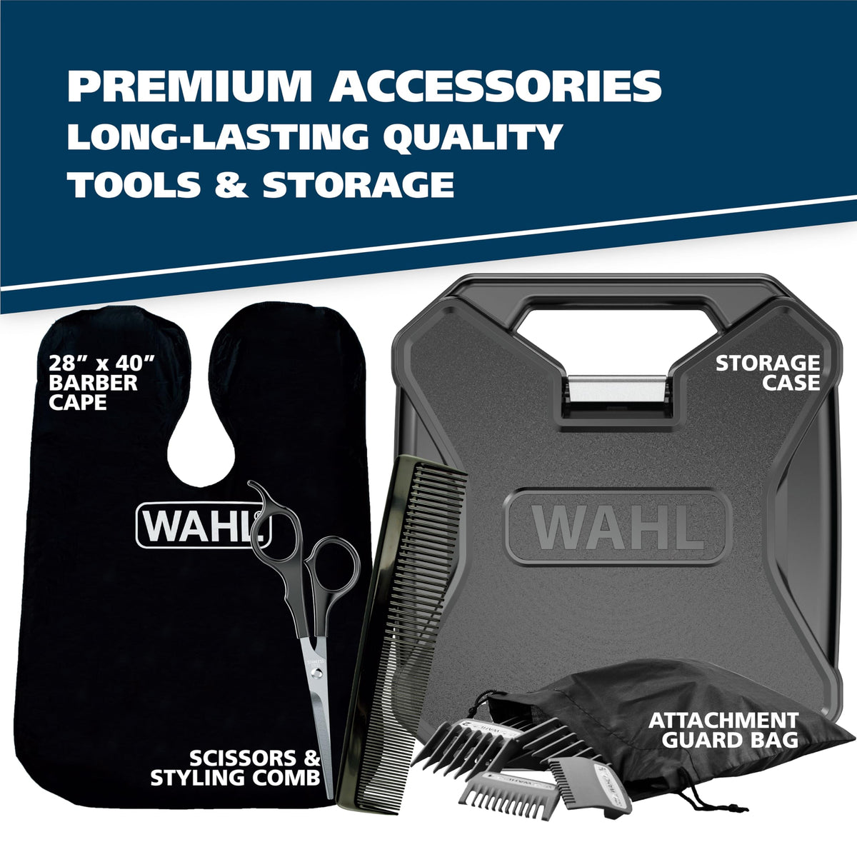 Wahl Elite Pro accessories laid out including shears cape oil for complete grooming