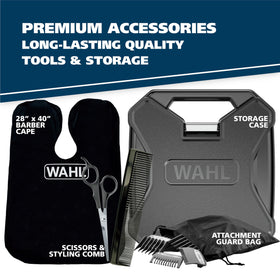 Wahl Elite Pro accessories laid out including shears cape oil for complete grooming