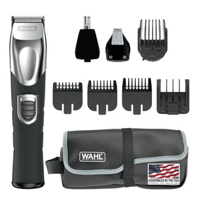 Wahl front view of the full trimmer kit showing all included accessories and benefits