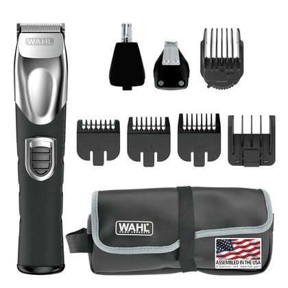 Wahl front view of the full trimmer kit showing all included accessories and benefits