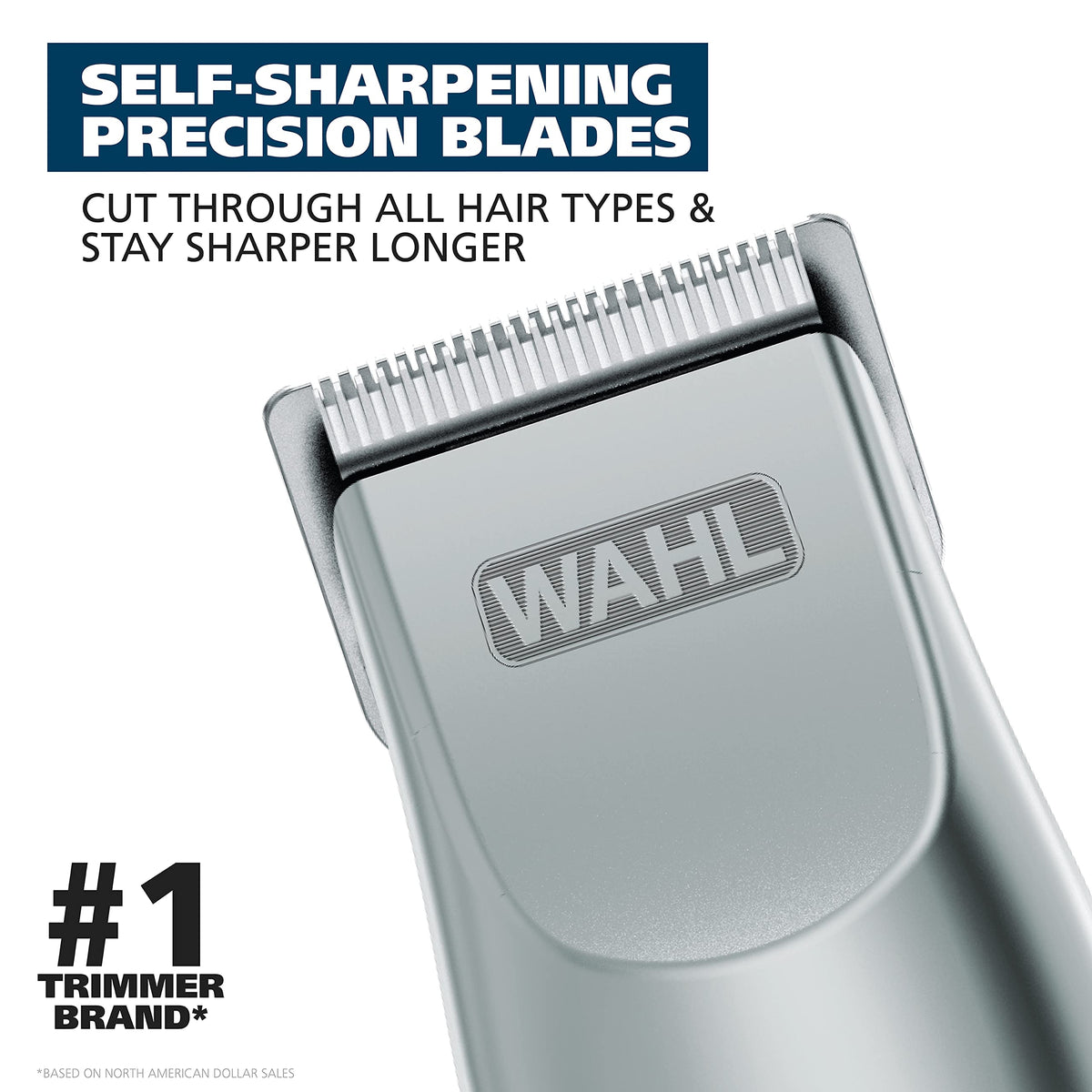 Wahl Groomsman blade close-up highlighting stainless steel, self-sharpening edge for precise cuts