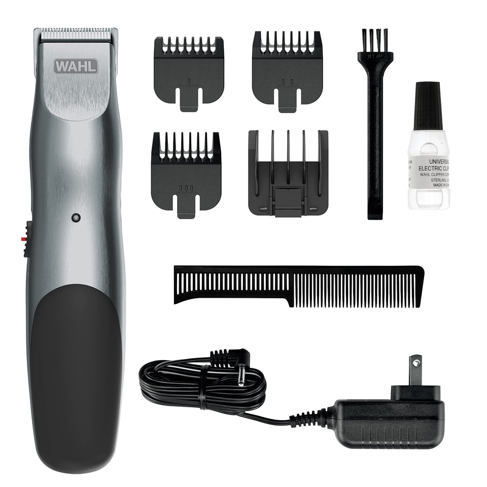 Wahl Groomsman front view showing brushed chrome body and controls for precise trimming