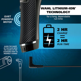 Wahl trimmer held in hand to show size and textured rubber grip