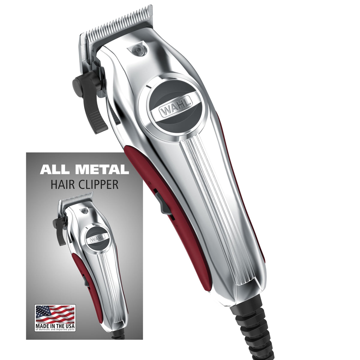 Wahl metal clipper front view showing durable housing and quiet design benefit