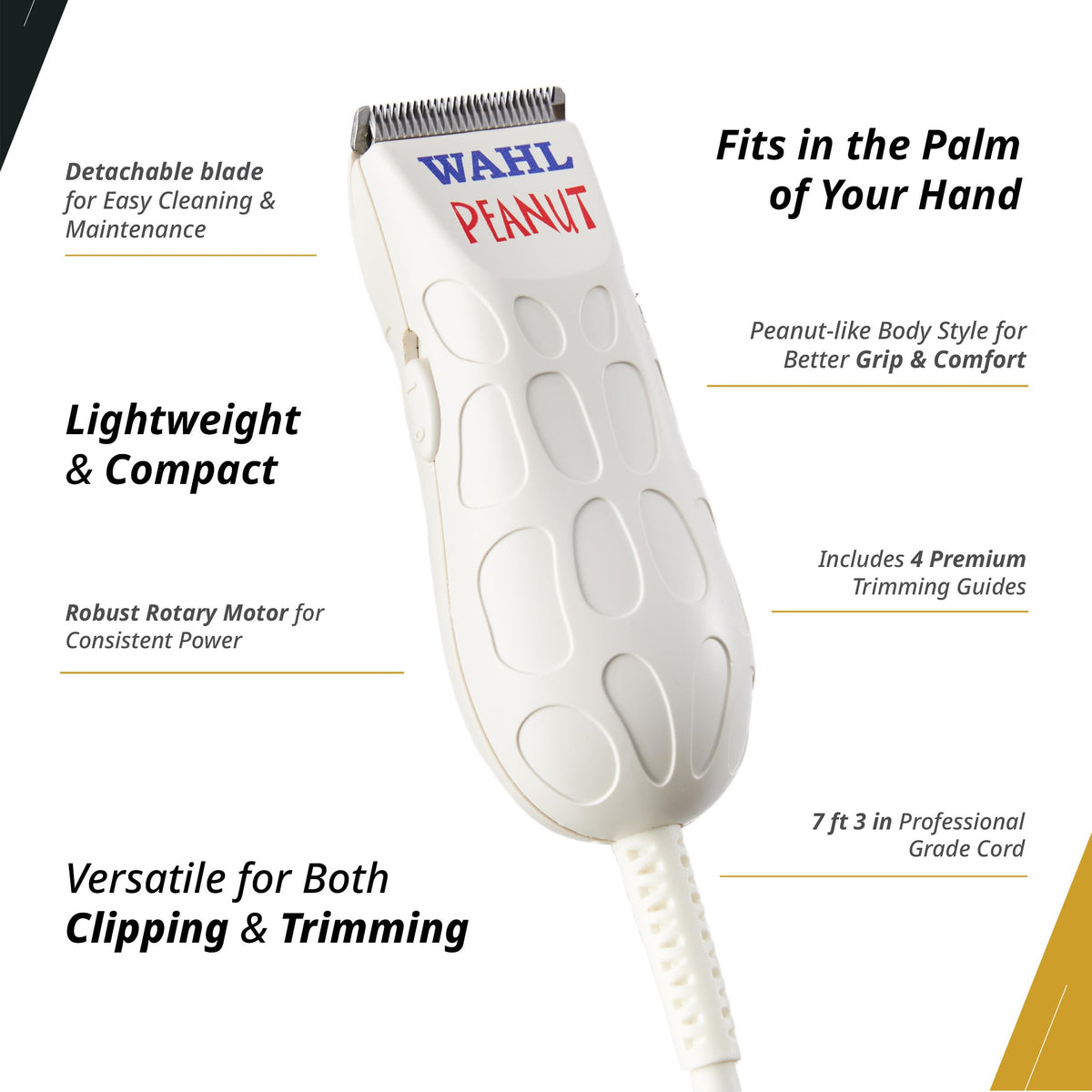 Wahl Peanut laid out with four guide combs illustrating versatile length options