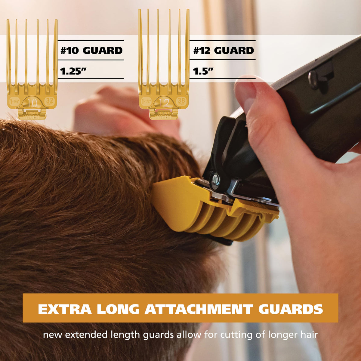 Wahl guards on a hand for scale to show true size and better length control
