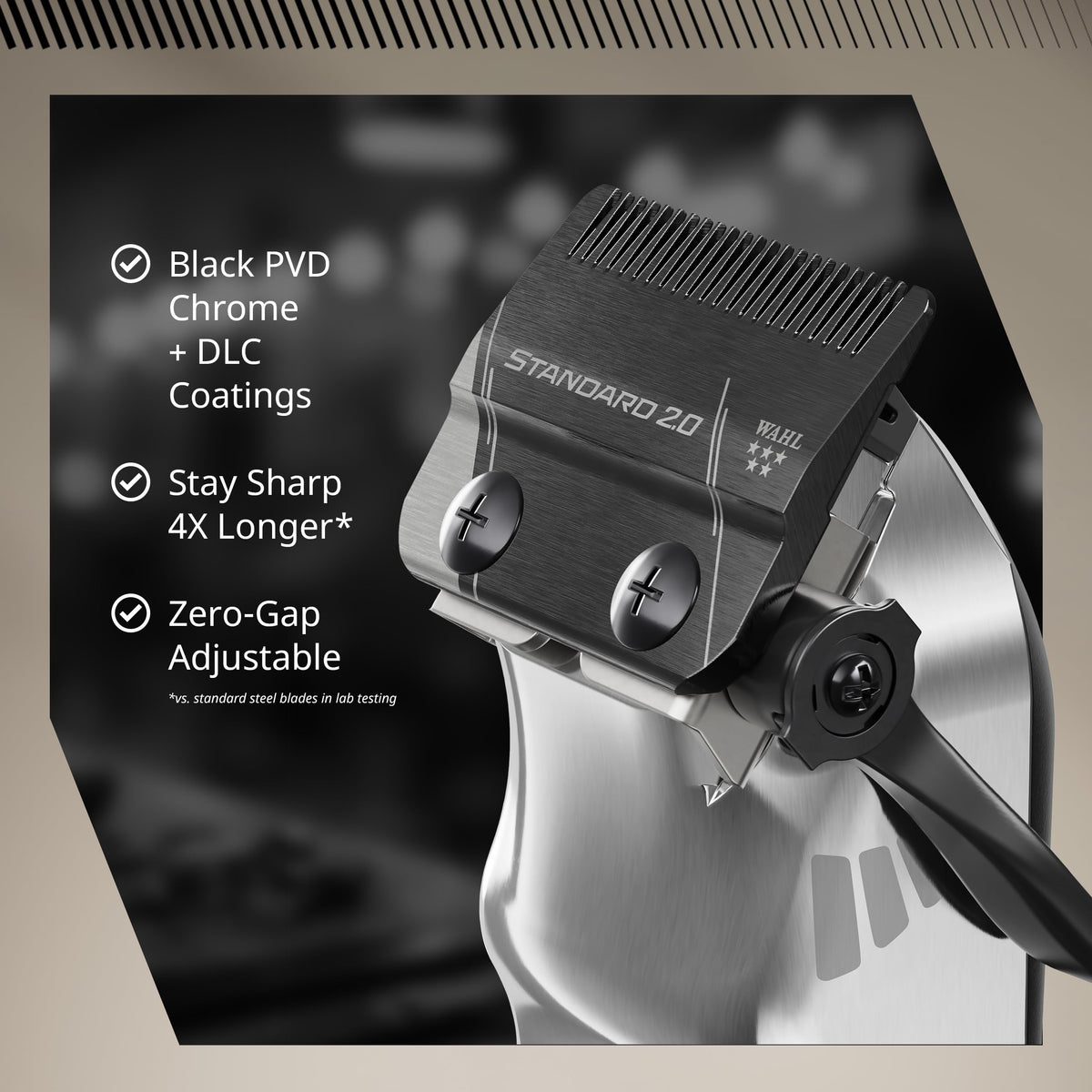 Wahl Professional Senior 2.0 blade close-up showing DLC-coated carbon steel for long sharpness
