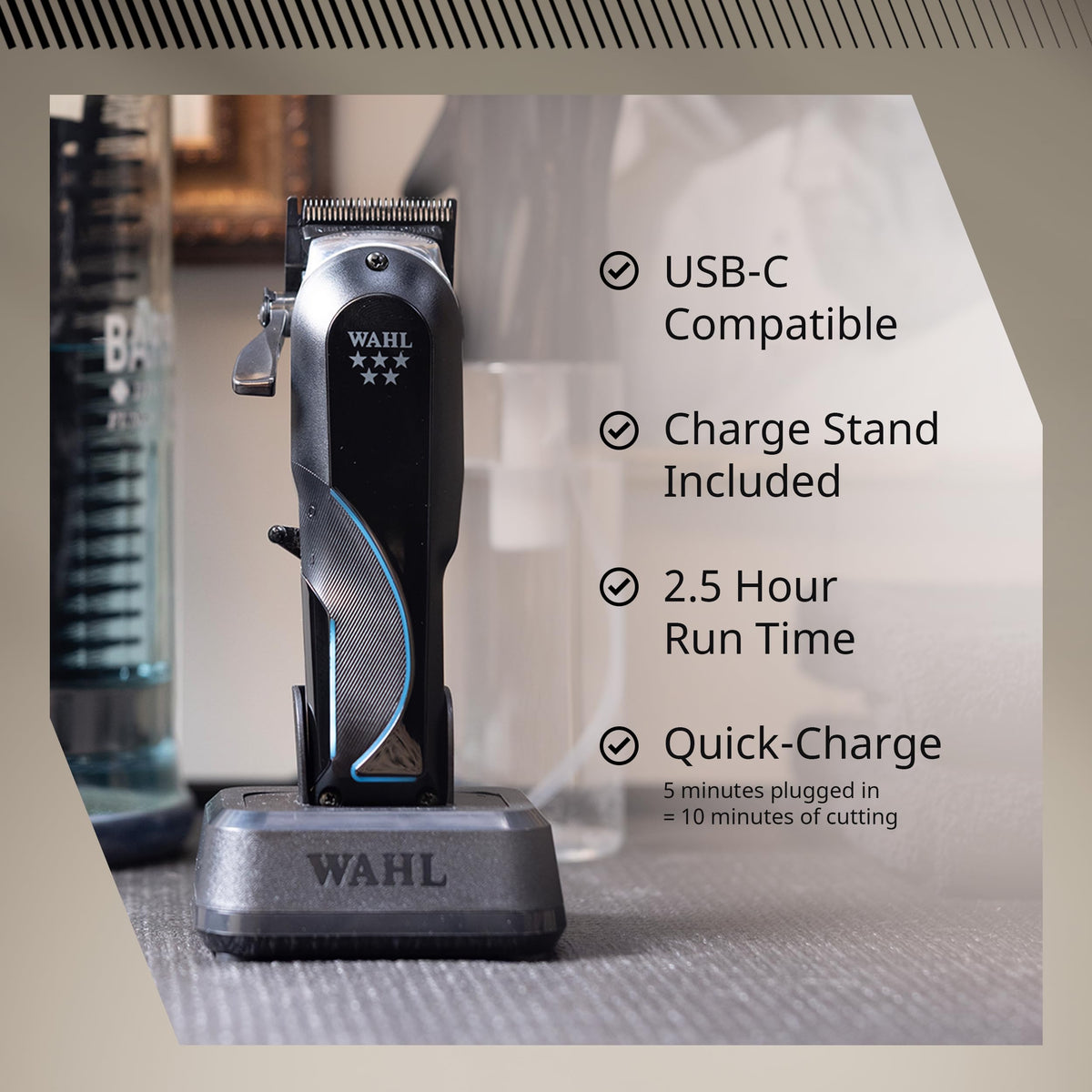 Wahl Professional Senior 2.0 on power station showing fast-charge system for reliable runtime
