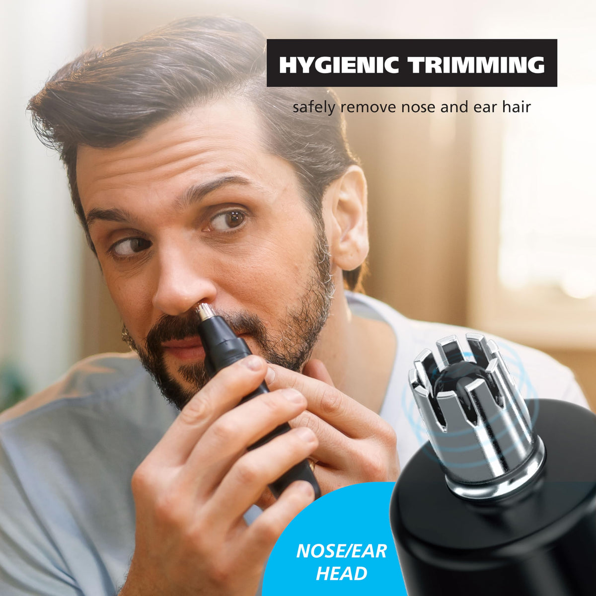 Wahl trimmer in hand for scale, showing compact portability advantage