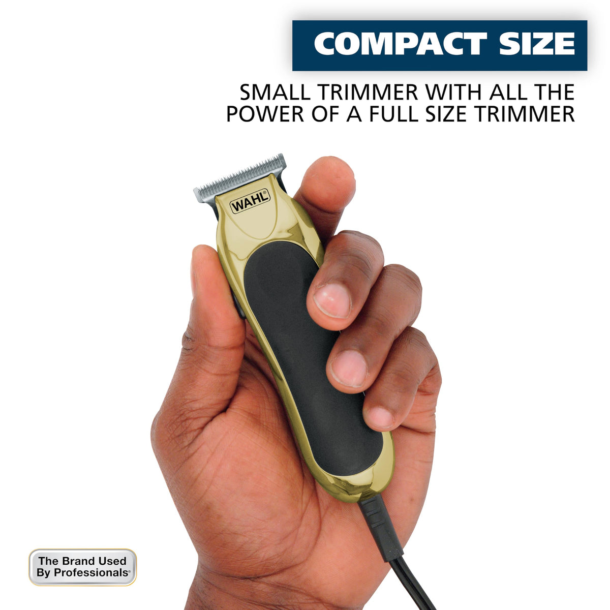 Wahl T‑Pro held in hand to show compact size and ergonomic control for detailing
