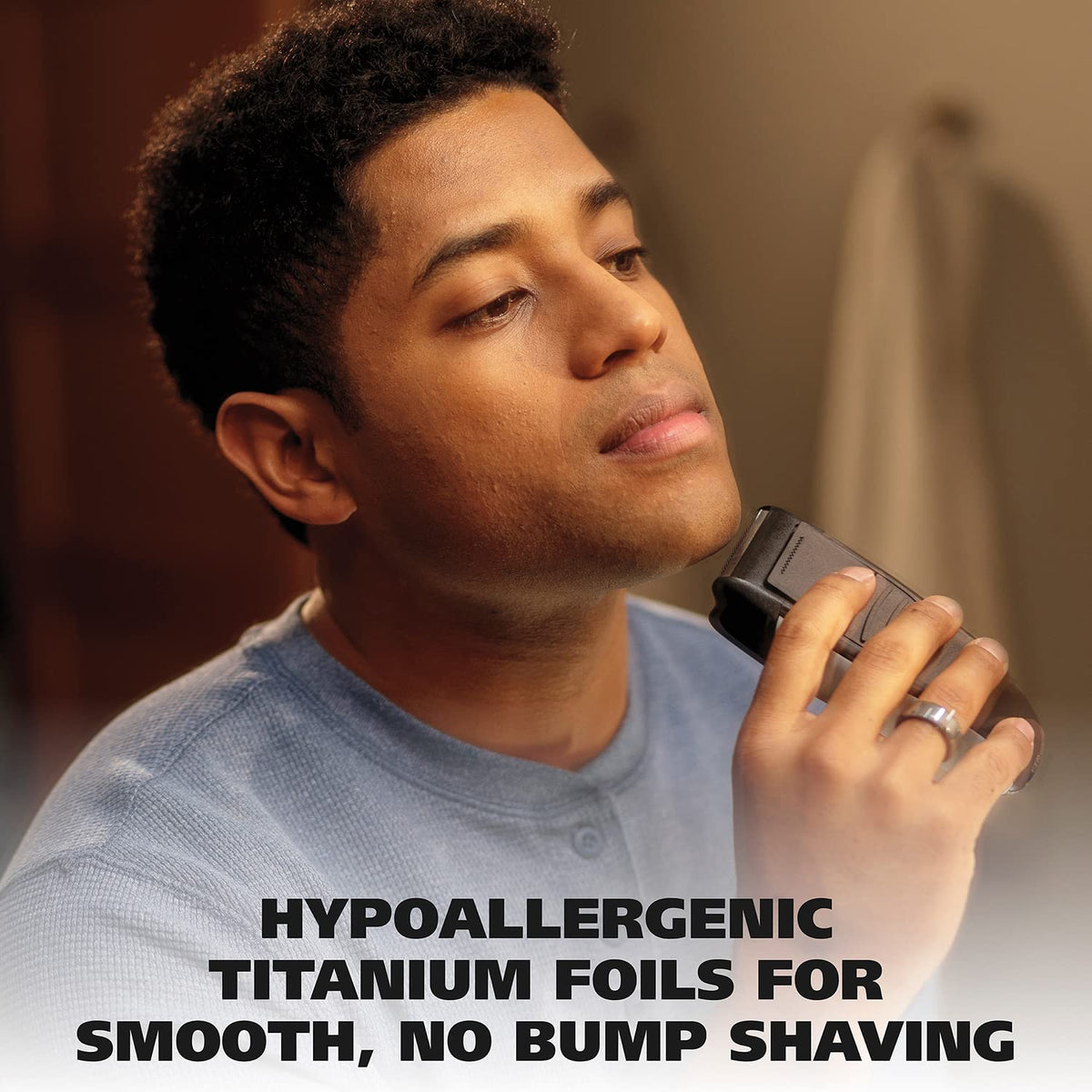 Close-up of Wahl titanium foil highlighting hypoallergenic cutters for gentle shaving