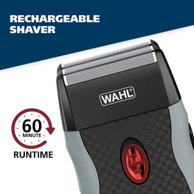Wahl shaver packed in travel bag demonstrating portability and secure travel lock
