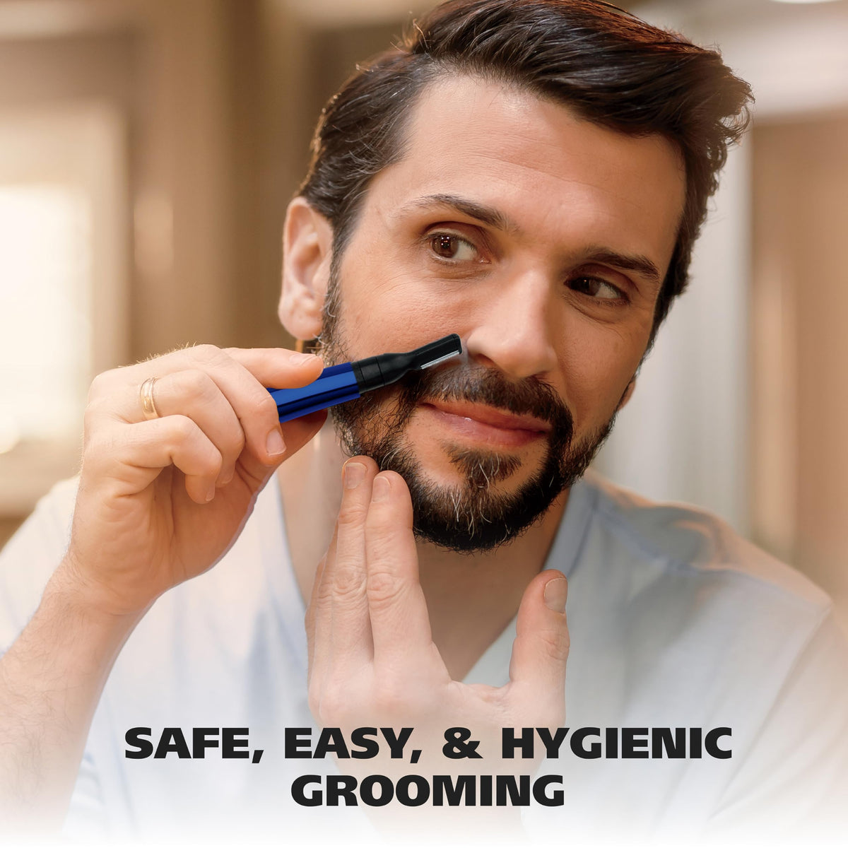 Wahl trimmer on bathroom counter showing travel-ready grooming kit