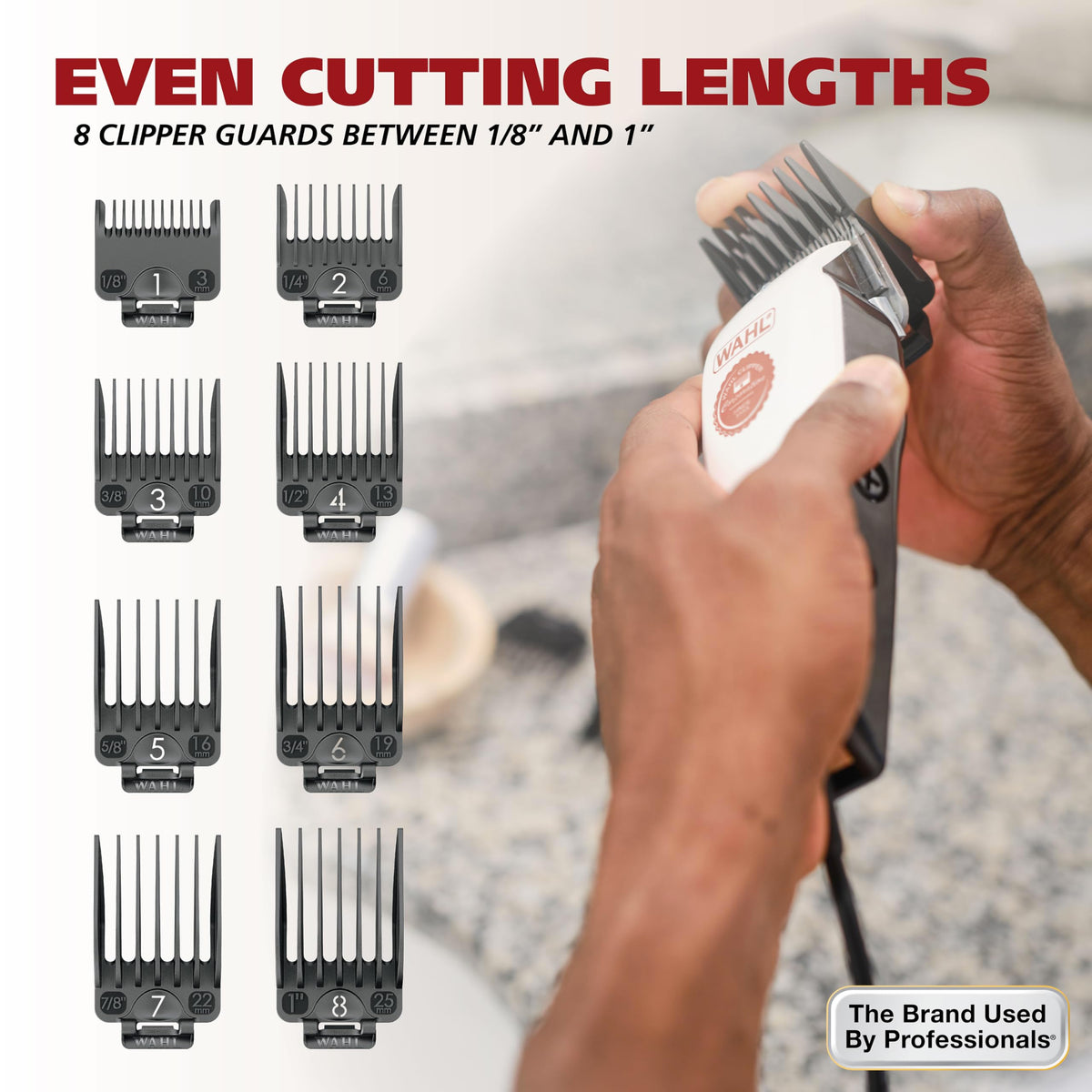 Wahl trimmer with six-position guide comb attached, illustrating beard length control